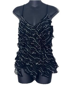 Y2K NITELINE Women’s 8 Flowy Sequin Fairy Grunge Camisole Black Silk Ruffle Top